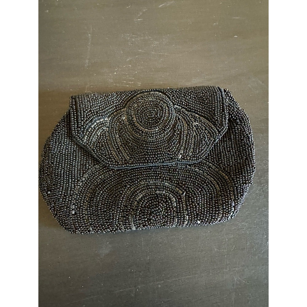 Vintage Black Beaded Belt Clutch - Hand Made In France - Purse - Fashion